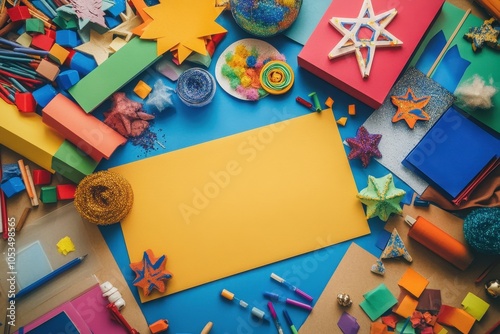 Hanukkah Crafts: A top-down view of a table filled with Hanukkah craft materials, such as colored paper, glue, glitter, and dreidel cutouts. The image captures the creative spirit of preparing for the photo