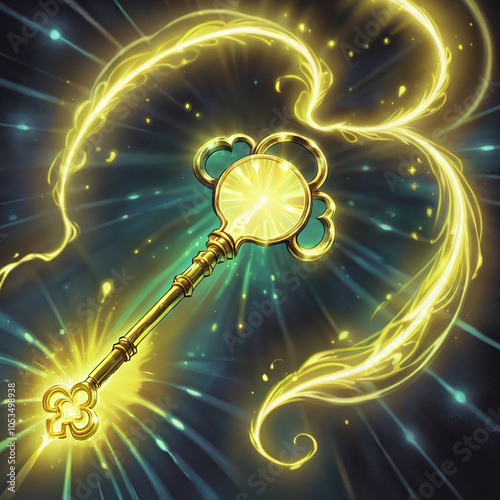 A golden key with intricate details glows brightly with magical energy radiating from its core, creating swirling trails of light in a dark blue background. photo