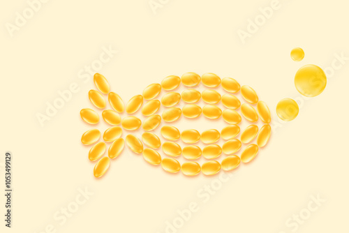 Cute 3D omega 3 fish oil soft gel capsules in a shape of fish illustration. Yellow gradient wallpaper for healthy nutrition vitamin D3, ocean krill oil DHA, EPA supplements background.
