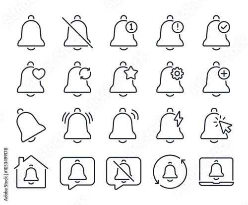 Bell notification editable stroke outline icons set isolated on white background flat vector illustration. Pixel perfect. 64 x 64.	