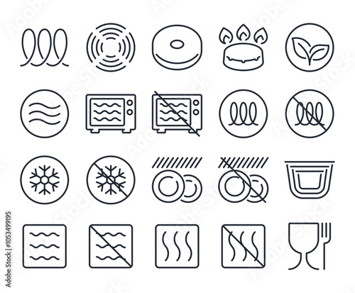Cookware and tableware features. Non stick coating, food safe, eco, stackable and other editable stroke outline icons set isolated on white background flat vector illustration. Pixel perfect. 64 x 64