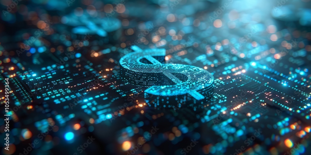 Obraz premium Blue glowing dollar symbol on a digital circuit board, representing financial technology, digital currency
