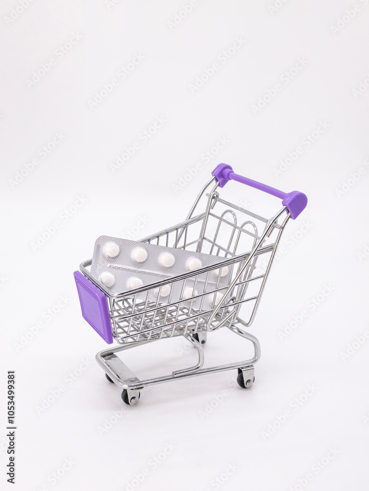 Iron consumer trolley with medicines on white background Iron consumer trolley with medicines on white background