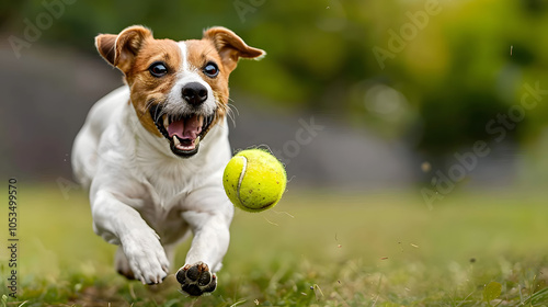 happy jack russell terrier dog running and bringing a tennis ball photo