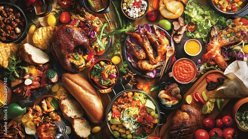 Fototapeta premium Festive Food Spread with Roasted Chicken, Bread, and Salads