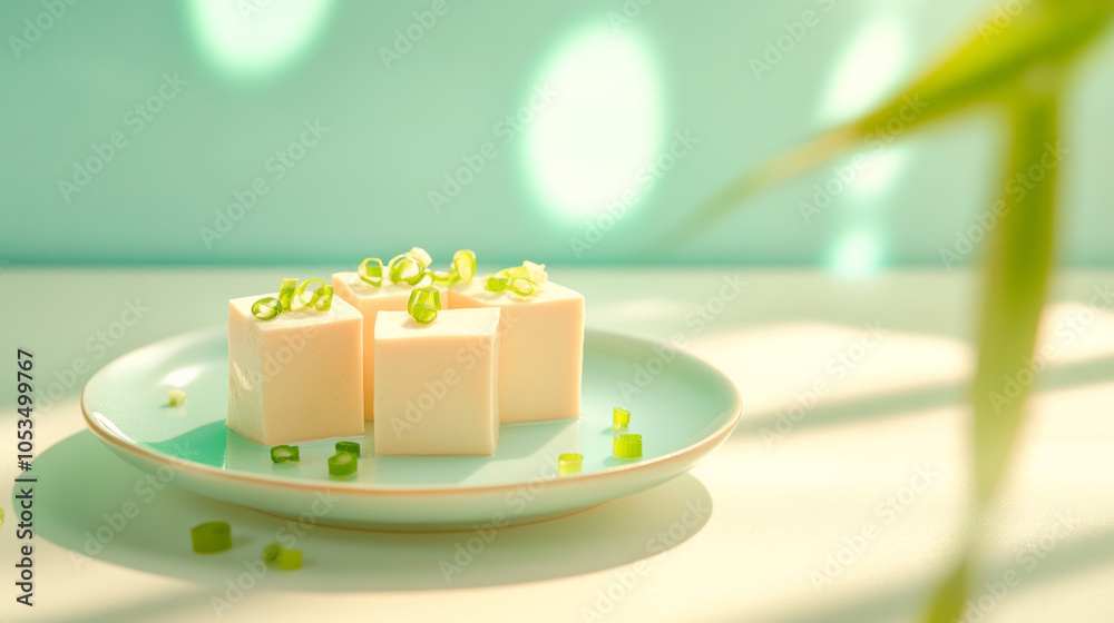 a plate on the table with two or three whole white tofu cubes on it. Some green chopped green onions are sprinkled on the tofu cubes, which looks like a good delicacy a plate on the table with two or three whole white tofu cubes on it. Some green chopped green onions are sprinkled on the tofu cubes, which looks like a good delicacy