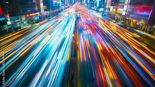 Night city aerial street light trails cars colors forming abstract patterns. AI generated photo