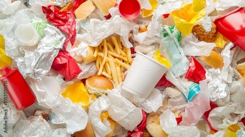 Fast food packaging and plastic waste showcasing environmental pollution from consumer culture and single-use products photo