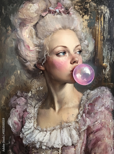 A baroque oil painting of beautiful woman chewing gum. photo