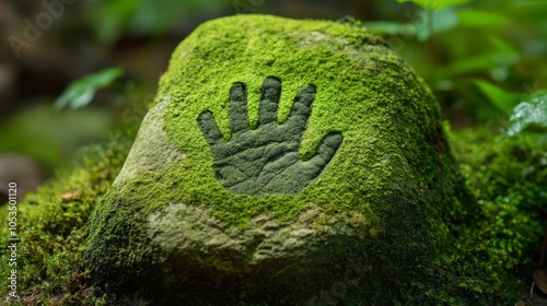 Handprint carving in moss-covered stone symbolizing nature and ancient human connection