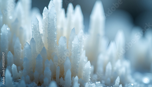 Close-up of white crystalline formations in blue light with copy space photo