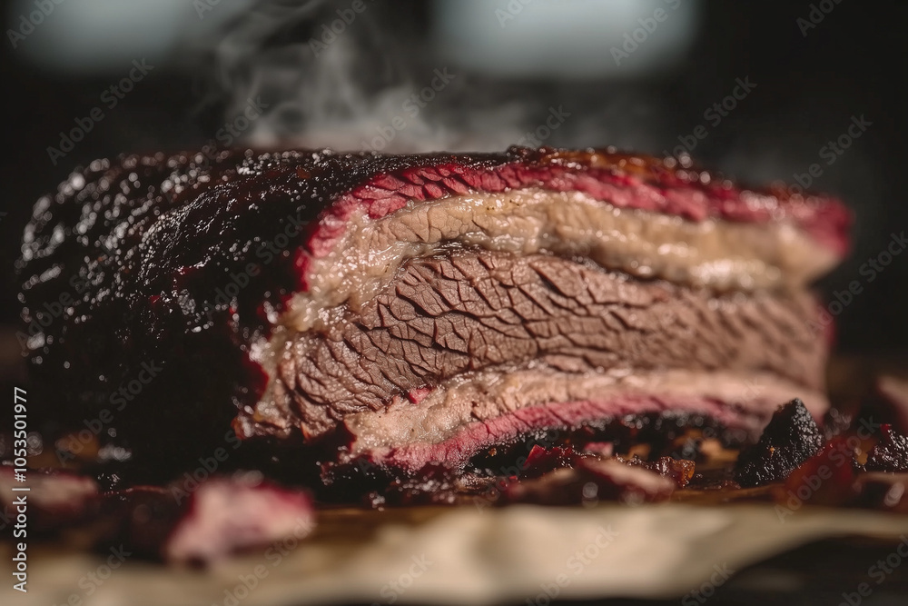 Fototapeta premium Selective focus smoked brisket on grill with hot smoke, Close up shot juicy smoked brisket with smoke ring, Texas barbeque style concept.