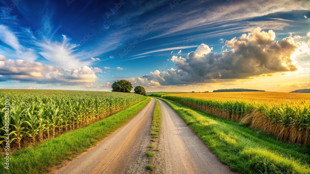 Obraz premium Wide-Angle Panoramic landscape with country road and corn fields