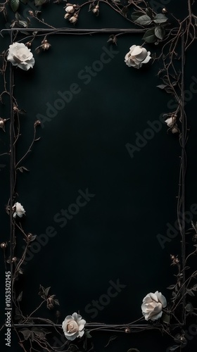 Black background with thin vines and white roses around the edges of an empty rectangular frame photo