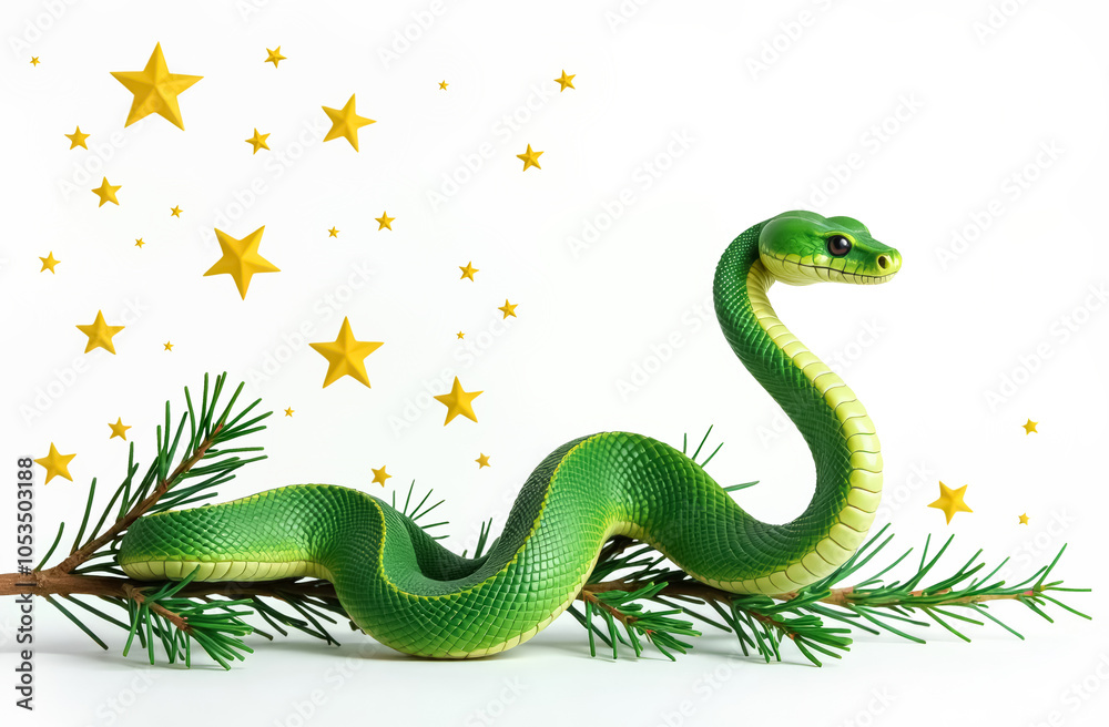 Fototapeta premium A green snake crawls along a fir branch on a white background with yellow stars