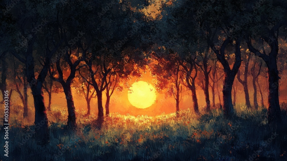 Sun setting behind a grove of trees Sun setting behind a grove of trees