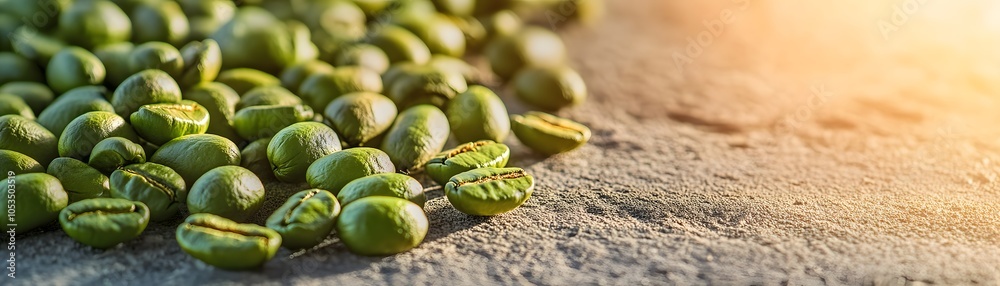 Close-Up of Green Coffee Beans on a Rough Surface Close-Up of Green Coffee Beans on a Rough Surface