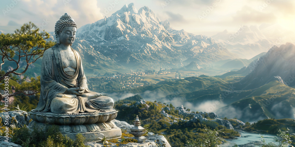 Buddha monument on top of mountain, Hindu religious symbol. Asia sculpture tourist cultural statue. Buddha monument on top of mountain, Hindu religious symbol. Asia sculpture tourist cultural statue.