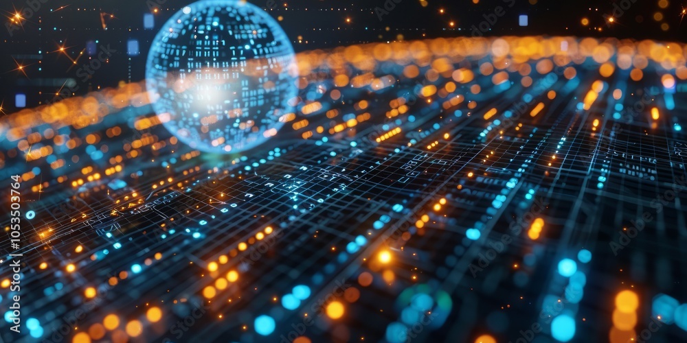 Obraz premium Futuristic digital grid with a glowing holographic globe, symbolizing global technology, data networks