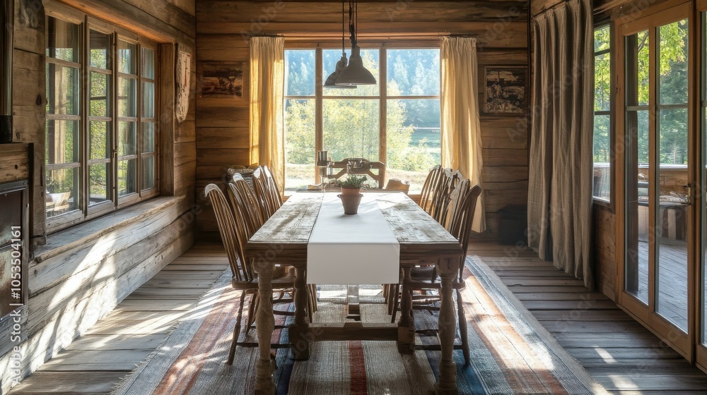 Fototapeta premium Rustic dining room with a blank table runner