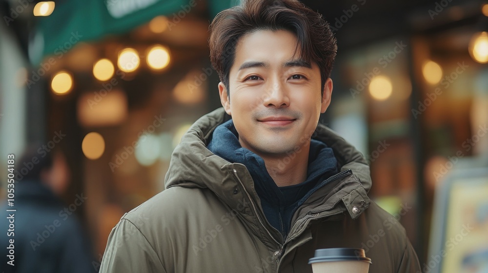 South Korean man with a coffee cup, looking friendly