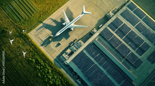 An aerial view of an airport featuring solar panels and wind turbines, with an aircraft being refueled with green biofuel, illustrating the innovative technologies being adopted to create a more susta photo