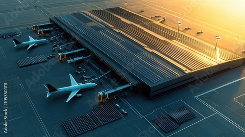 An aerial view of an airport featuring solar panels and wind turbines, with an aircraft being refueled with green biofuel, illustrating the innovative technologies being adopted to create a more susta photo