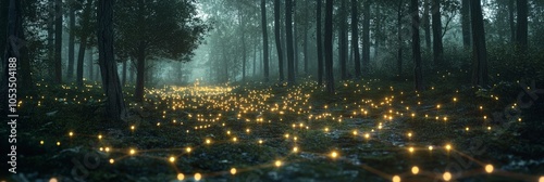 Magical light patterns create a synchronized network across the forest floor, bridging natural beauty with digital concepts in an awe-inspiring visual spectacle. photo