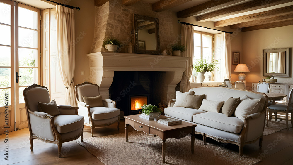 Fototapeta premium Two elegant armchairs and a classic sofa arranged by a large stone fireplace