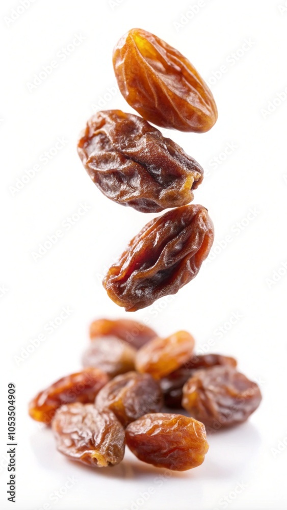Obraz premium Falling raisins isolated on a white background.