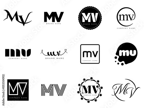 MV logo company template. Letter m and v logotype. Set different classic serif lettering and modern bold text with design elements. Initial font typography.