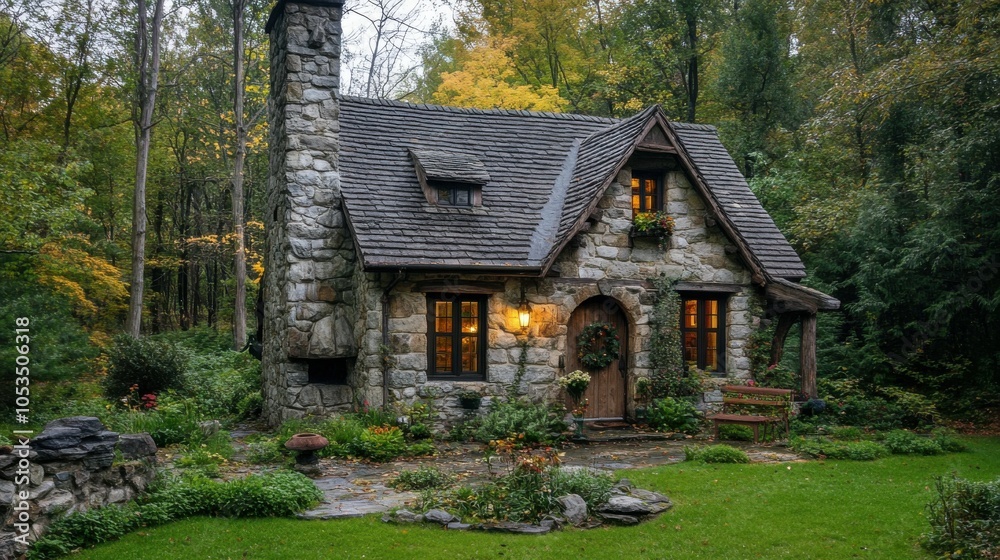 Fototapeta premium Stone cottage with a cozy, old-world charm.