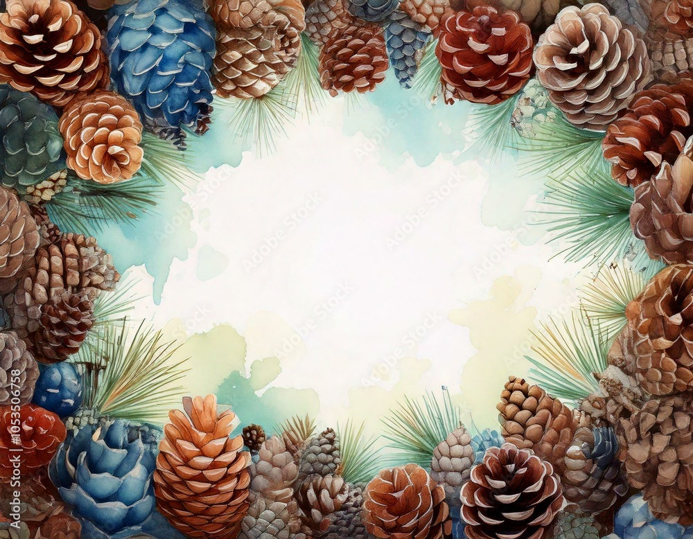 Fototapeta premium watercolor of pine cones all around isolated with empty copy space in the middle