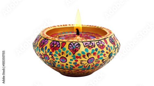 Golden Diwali Diya: A vibrant, hand-painted diya, a traditional Indian oil lamp, glows with a warm, flickering flame, symbolizing hope, prosperity, and the triumph of light over darkness.   photo