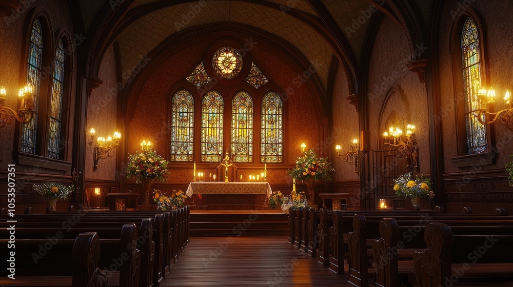 Fototapeta premium A serene Victorian chapel with arched windows of stained glass