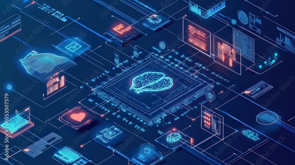A digital rendering of a smart healthcare system where AI algorithms monitor