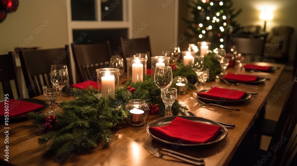 A festive holiday table set with candles, evergreen branches, and red napkins A festive holiday table set with candles, evergreen branches, and red napkins