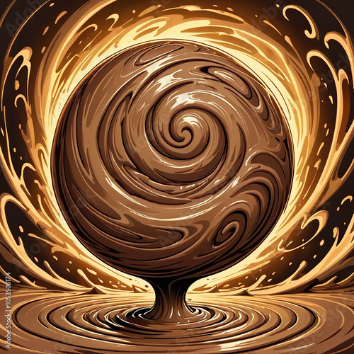 A swirling chocolate sphere with a vortexlike pattern, surrounded by a halo of golden liquid and a pool of chocolate ripples below. photo