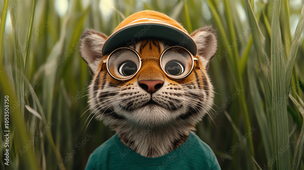 A cute cartoon tiger wearing a green shirt and glasses, set against a lush green background, capturing attention with its playful expression.