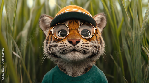 Obraz na płótnie A cute cartoon tiger wearing a green shirt and glasses, set against a lush green background, capturing attention with its playful expression. w salonie