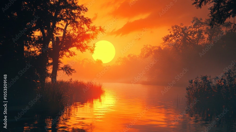 Sun setting over a tranquil forest Sun setting over a tranquil forest
