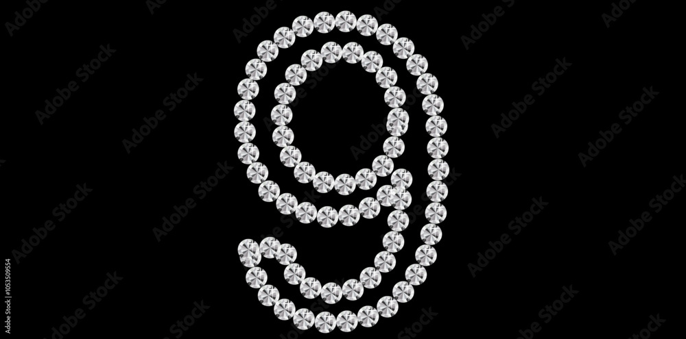 Silver Rhinestone Diamond Number 9 Luxury Text Design Vector Illustration, Diamond Bling Number On Black Background. Silver Rhinestone Diamond Number 9 Luxury Text Design Vector Illustration, Diamond Bling Number On Black Background.