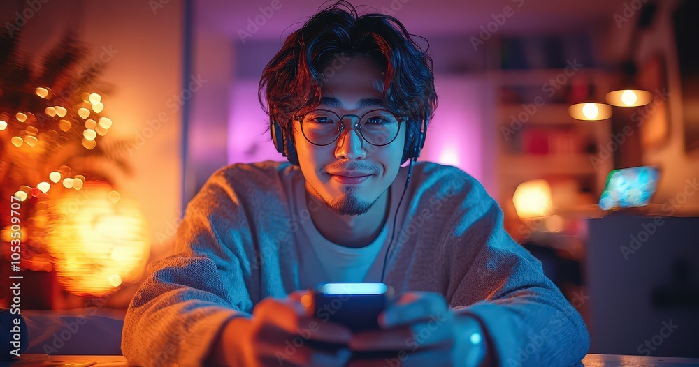 Obraz premium A young Asian man wearing headphones is playing games on his phone, sitting at the table in front of him with neon lights and purple lighting in his room