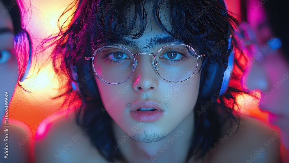 A young man with black hair and glasses is looking at the camera, illuminated by neon lights in his room. He has headphones on and appears to be focused intently on gaming or streaming video games.