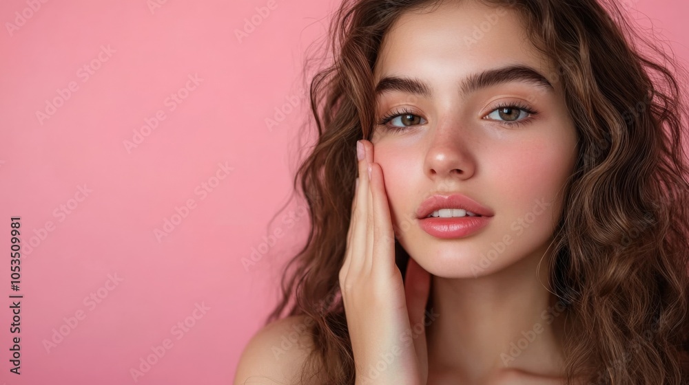 Radiant Portrait of a Young Woman Against a Soft Pink Background Radiant Portrait of a Young Woman Against a Soft Pink Background