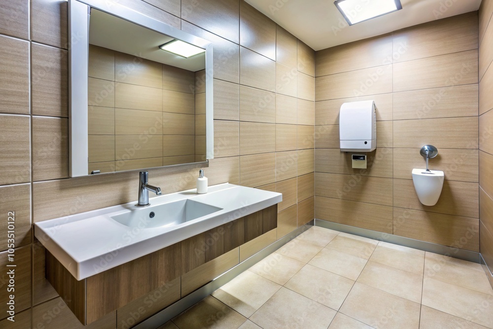Fototapeta premium Wide-angle single sink in small public toilet with wall soap dispenser and paper towels