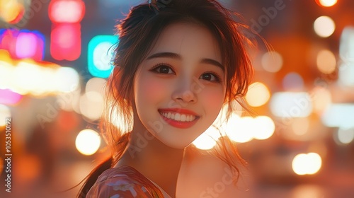 Teenaged Chinese girl with a stylish outfit and a cheerful grin.