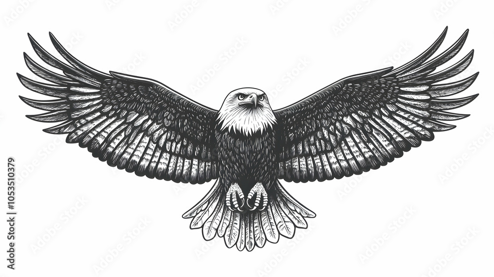 Fototapeta premium A detailed hand drawn illustration of a bald eagle in flight with its wings spread.