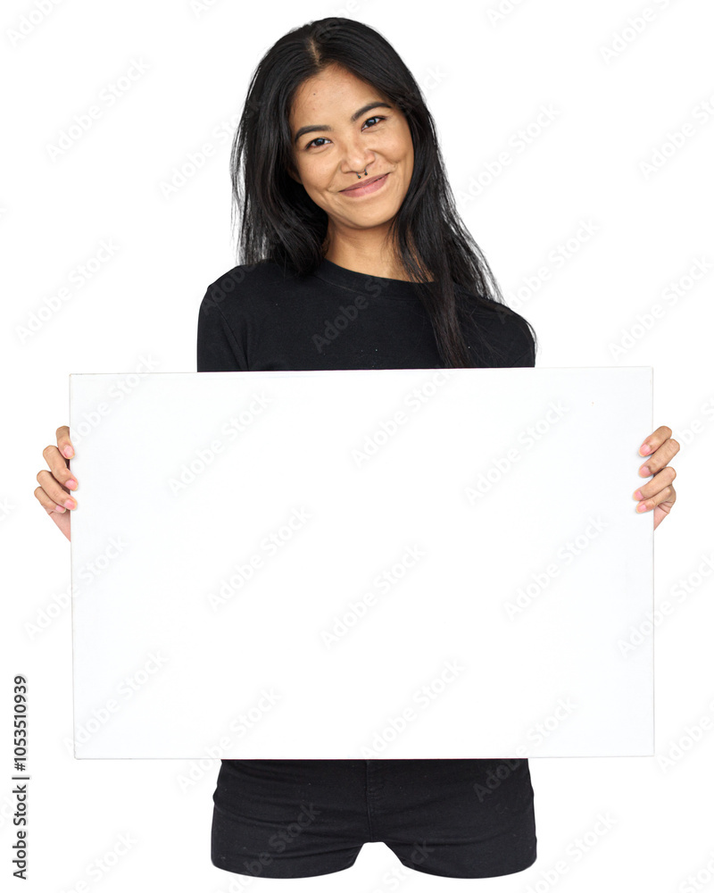 Woman holding placard png element, transparent background Woman holding placard png element, transparent background