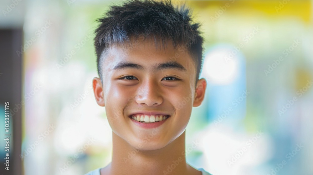 Teenaged Chinese boy with a trendy haircut and a bright grin. Teenaged Chinese boy with a trendy haircut and a bright grin.